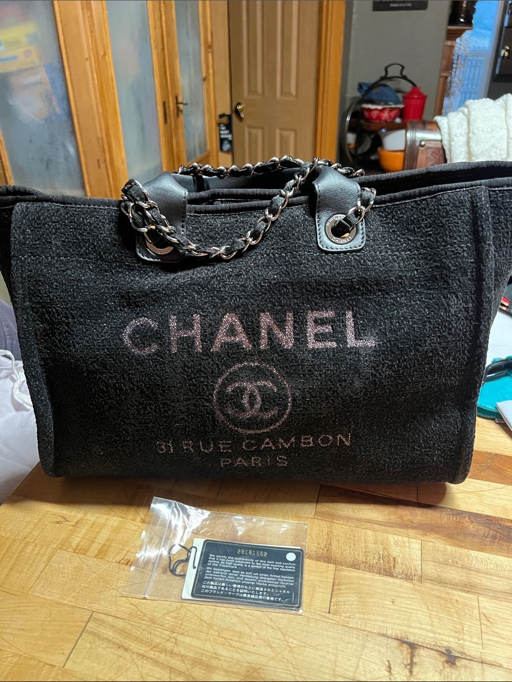 CHANEL Black Metallic Thread Deauville Chain-Handle Tote Bag